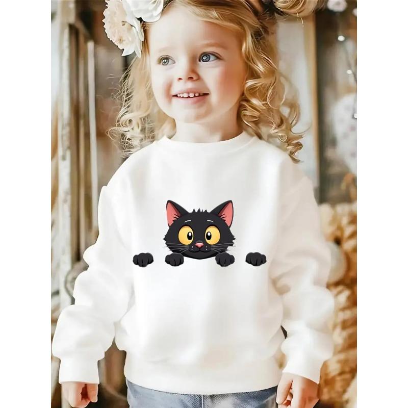 Black Cat Peeking Cute Cartoon Girls Hoodie, Round Neck Hoodie, Autumn and Winter Western Style Top 110