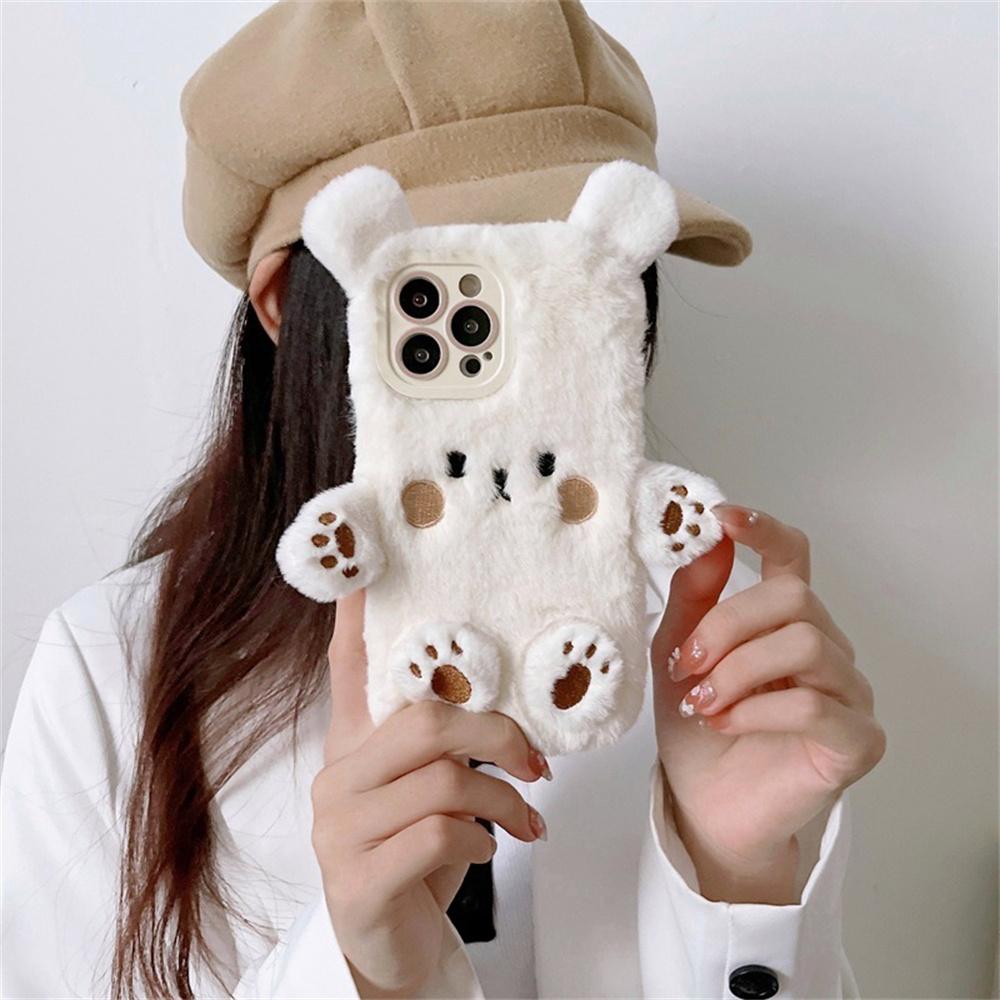 For iPhone 15 Pro Max Case Cartoon 3D Bear Furry Plush TPU Winter Warm Phone Cover