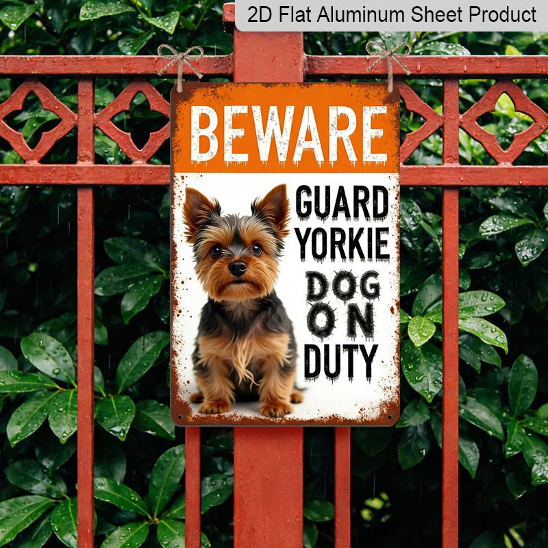 2D Flat, Yorkshire Terrier Warning Metal Sign, Decorative Aluminum Sign and Plaque, 8x12 Inches - Rustic "Beware of Guarding Yorkie" Wall Art
