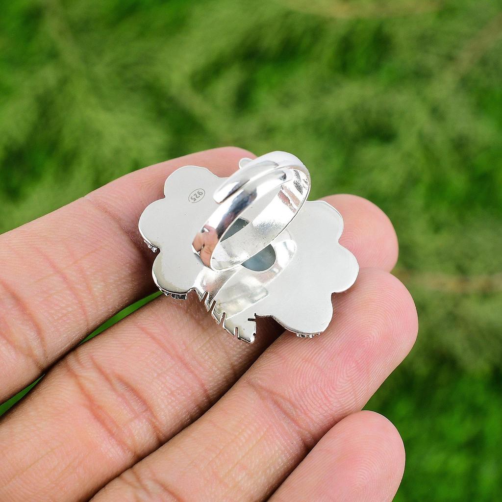 Natural Larimar Gemstone Stackable Flower Adjustable Ring 925 Silver For Women