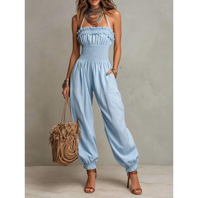 Bohemian Style Linen Cotton Jumpsuit With Halter Neck Lantern Sleeves Women 2026