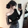 Alluring Lace-Up Off-Shoulder Slim-Fit Long-Sleeve Black Top for Women
