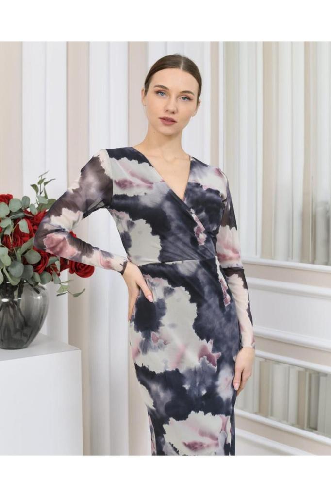 Women's Big Size Dress V-Neck Lycra Printed Tulle Dress