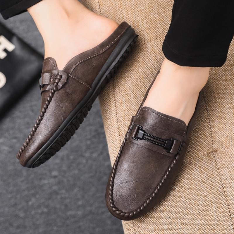 Leather Men Half Slippers Summer Breathable Mens Casual Shoes Slip On Lazy Driving Shoes Comfortable Walking Loafers Moccasins