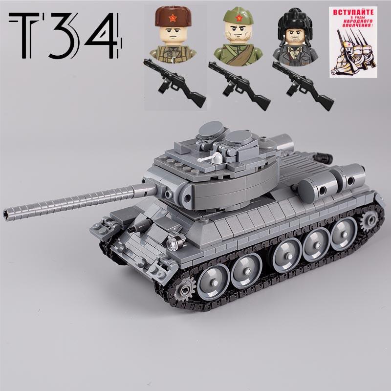 WW2 Military Soviet T34 Battle Tank Building Blocks Soldier Figures Army Weapons Guns PPSH Rifle Parts Mini Bricks DIY Kids Toys