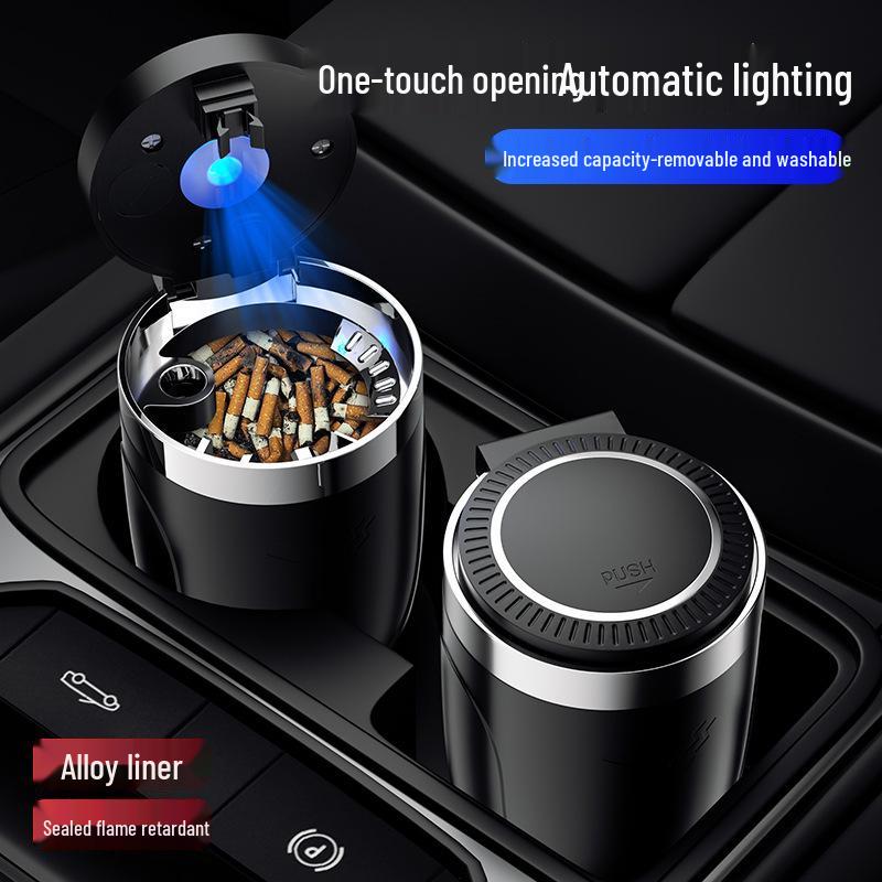 Car Ashtray with Metal Liner, One-Button Open, Soft Light, Ideal for Car Use