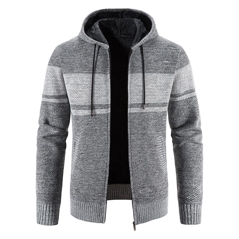 Men's Hooded Sweater Cardigan Plus Velvet Autumn and Winter Men's Knitted Sweater Color-blocking Youth Coat