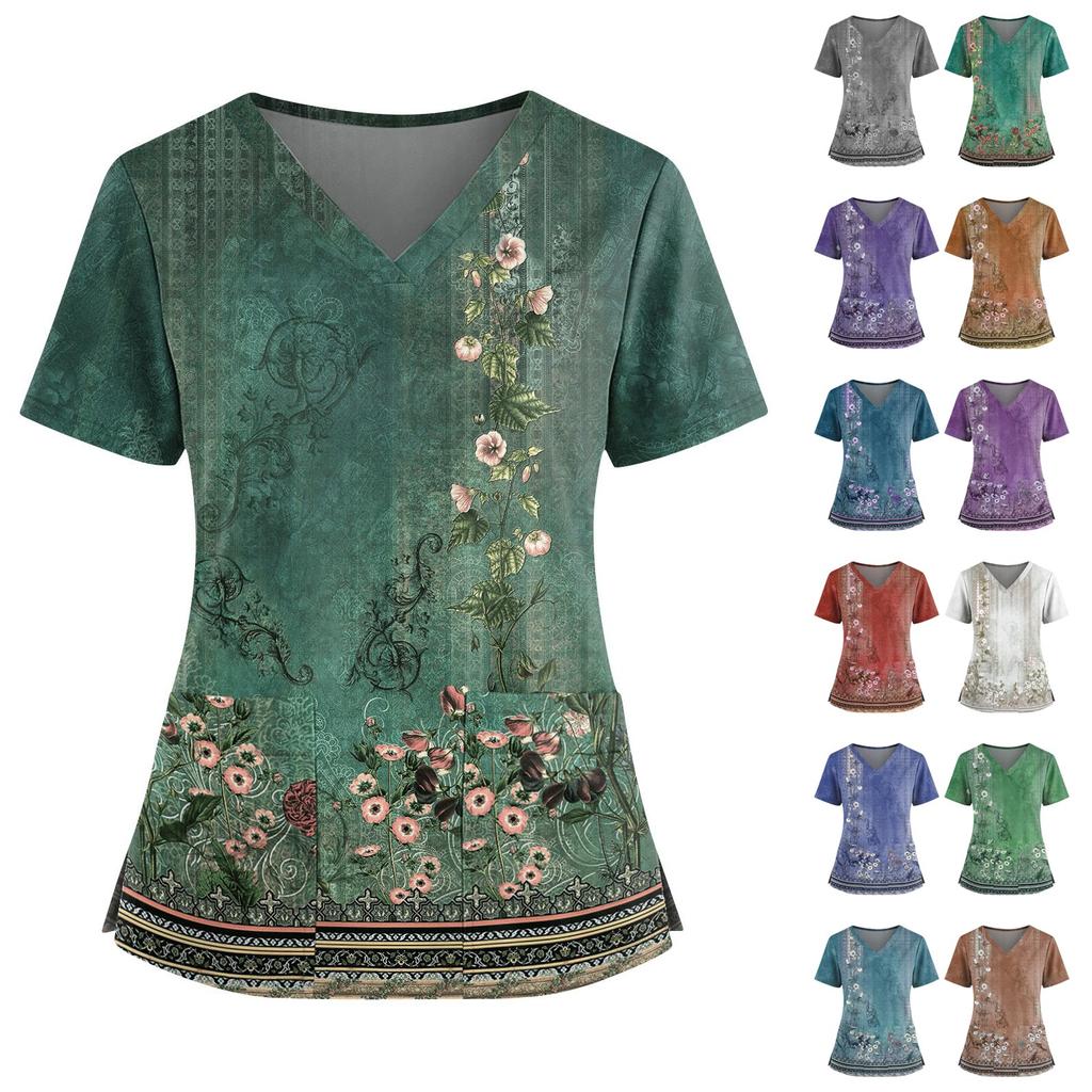 Damen Modisches Bedrucktes V-Ausschnitt Doppelpattentaschen Kurzarmhemd Mit Schlitzsaum Uniform- und Arbeiter-Oberteil