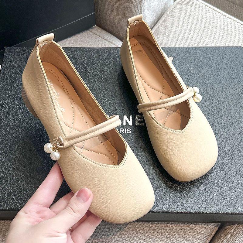 

Low heel shallow mouth single shoes women s new versatile pearl soft sole grandma shoes square head Mary 40 абрикосовый