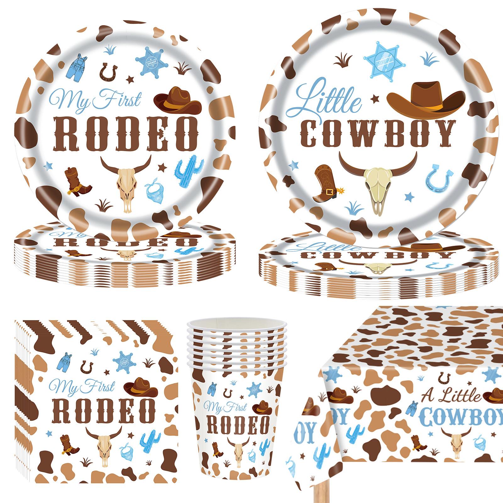 

97 Pcs Western Cowboy Baby Shower Favors Bulk-48 Disposable Plates,24 Blue Brown Napkins,24 Paper Cups And My First Rooeo Tablec 1