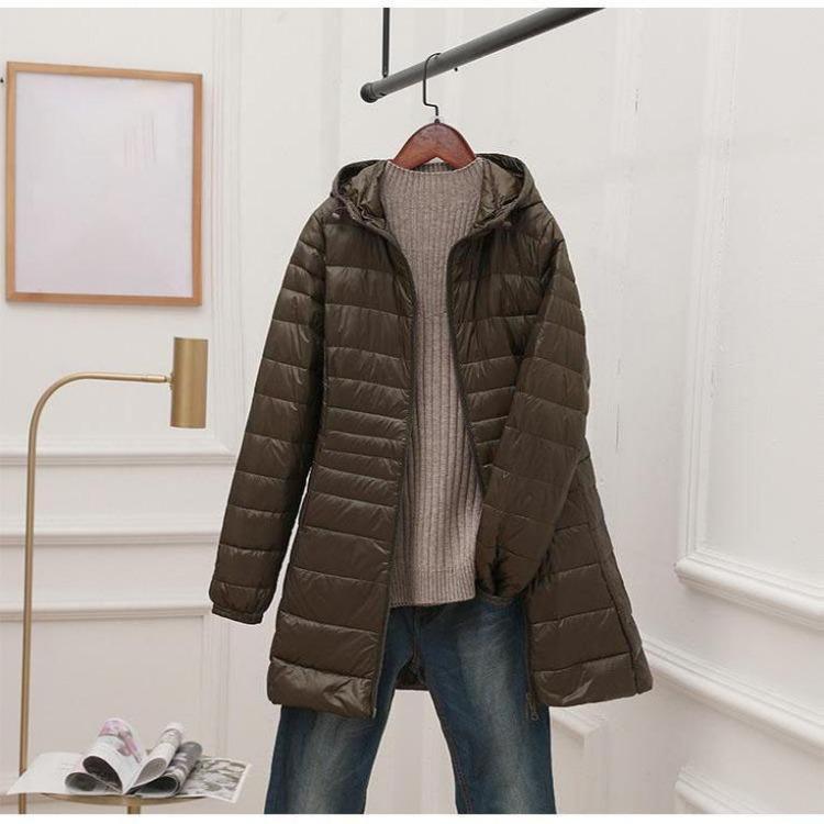 Women Light Down Jacket Hip-Length High Street Overcoat Female Long Warm Down Coat with Portable Storage Bag