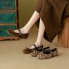 Fashion 2025 Spring Horse Hair Ballerinas Woman Leopard Bowtie Flats Shoes Leather Buckle Strap Mary Janes Ladies Ballets Furry Loafers