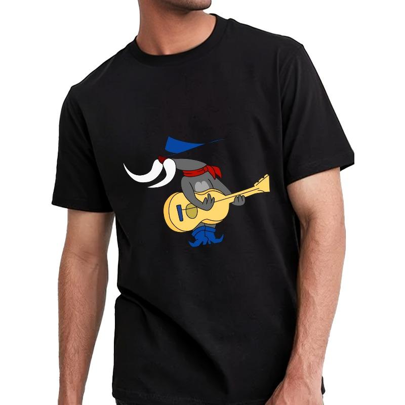 Europäische Größen TOM UND JERRY Lustiges T-Shirt mit Gitarrengrafik   Lässiges T-Shirt mit Cartoon-Charakterdesign, Streetwear-Stil Rundhals Kurzarm