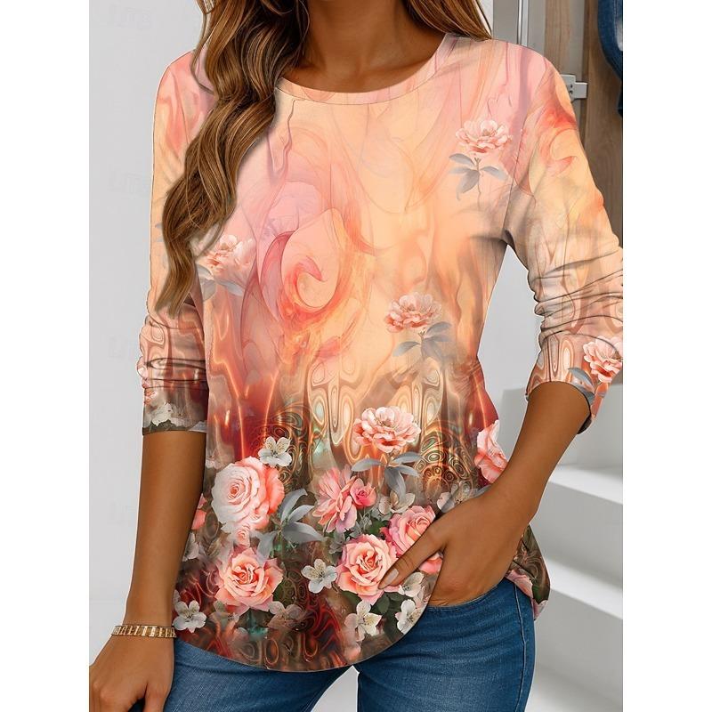 Vibrant Orange & Red Women's Casual Long Sleeve T-Shirt | Relaxed Fit Round Neck Autumn Graphic Print with Fox & Birds Design,