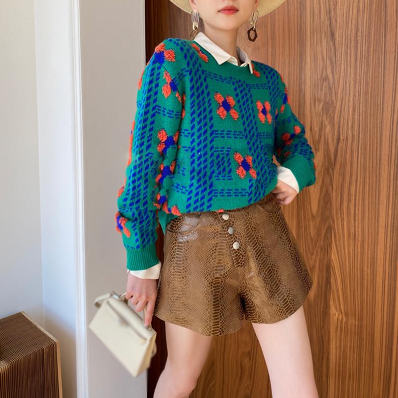 Hirsionsan Pulovere de toamnă largi cu gâtul în formă de pulover pentru femeie ocazional cu broderie florală pulover tricotat pentru femei de bază simplu lazy Jumpe