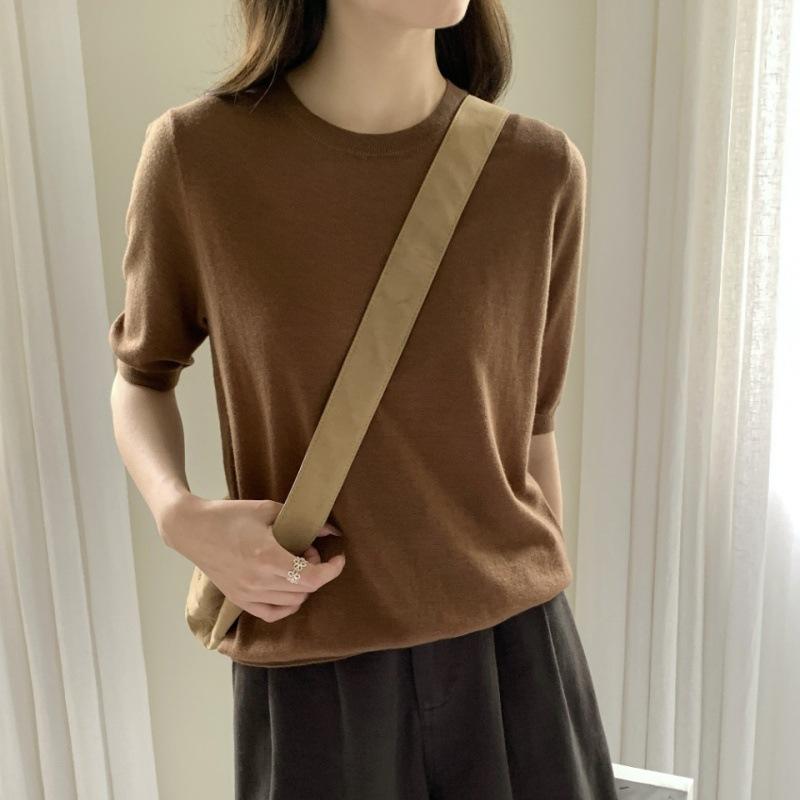 Wool round neck loose pullover knitted bottom women's age-reducing inner short-sleeved sweater
