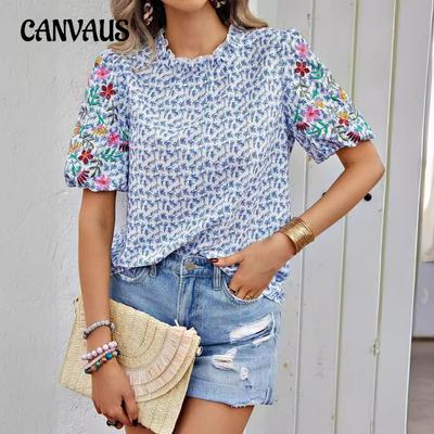Camisa de Verão Feminina Bordada Estampada com Fivela Onda Gola Alta Curta Cor Patchwork Manga Curta Top