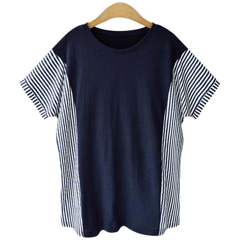 Summer Casual Pinstripe Striped Patchwork T-Shirt Round Necked T-Shirt Classic-Fit Short Sleeve T-Shirt for Female Women's Commuter Fashion T-Shirt