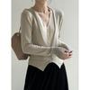 Korean Style Color-Block Knit Cardigan Women V-Neck Slim Long Sleeve Fake Two-Piece Sweater Lightweight