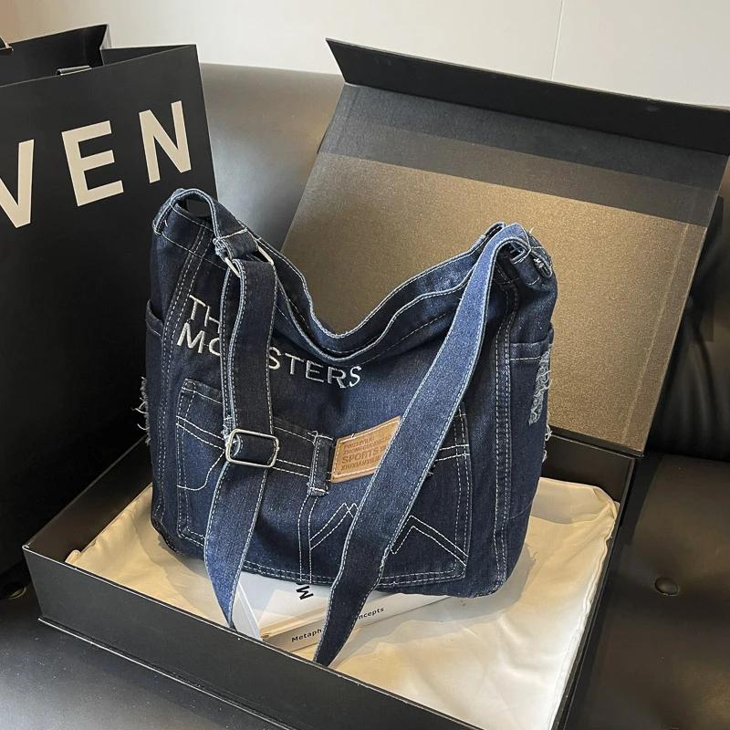 Solid Color Denim Zipper Multifunctional Women's Shoulder Bags  Hot Sale  Trendy  Customized Crossbody Bag