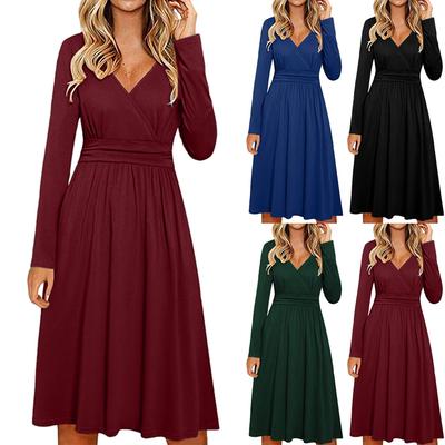 Rochie midi de damă, cu mâneci lungi, cu decolteu în V, cu talie înfășurată