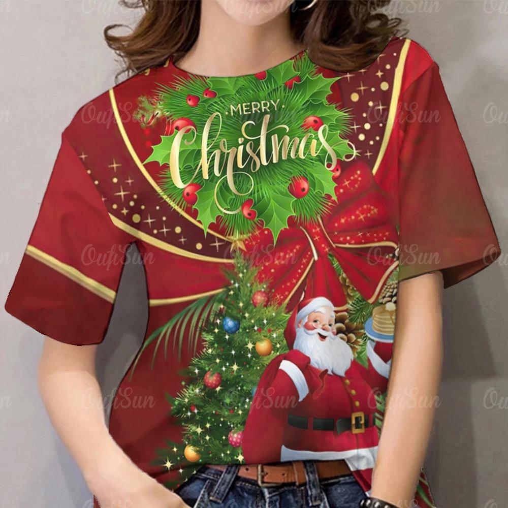 Women's Christmas T-Shirt 2026 - Tree & Santa Design, 3D Printed Full Sublimation