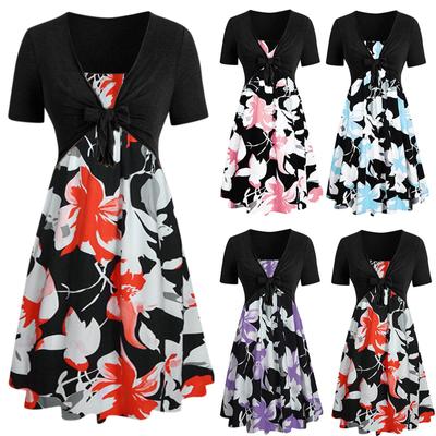 Fashion Women Short Sleeve Bow Knot Bandage Top Sunflower Print  Dress Suit