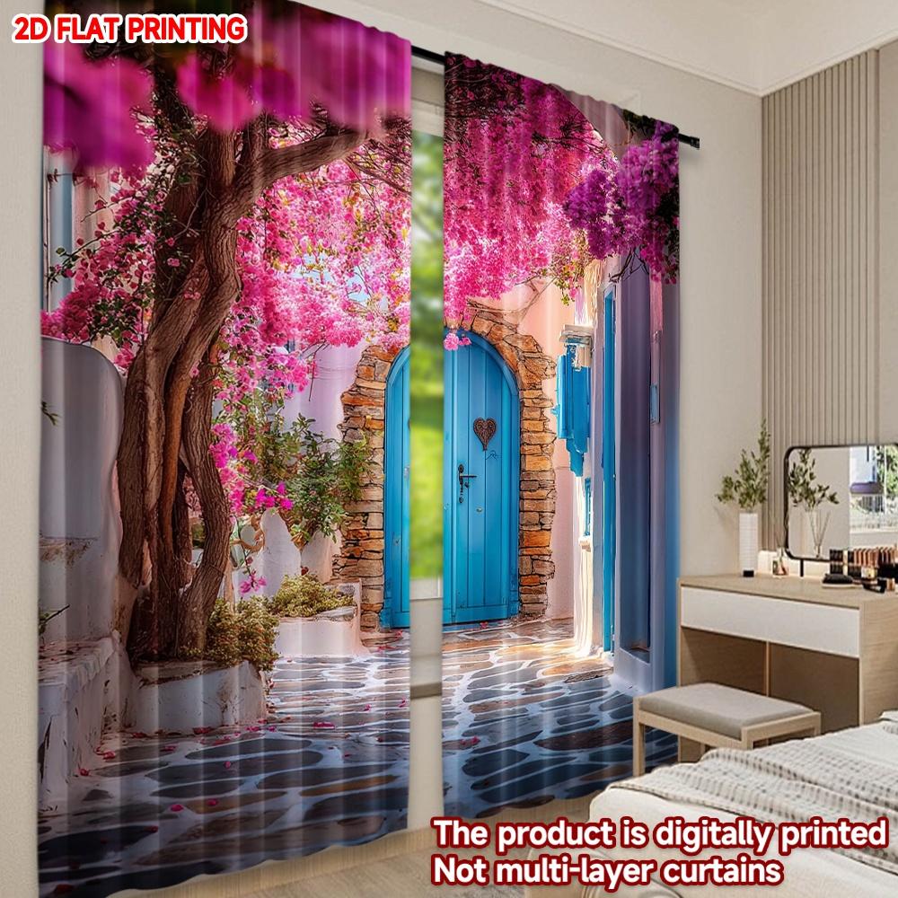 Set Of 2 Pink Blossom Alley Curtains Digital Printing Blue Doors Stone Path Flowering Tree Scene Bedroom Living Room Decor Made Polyester Great Window
