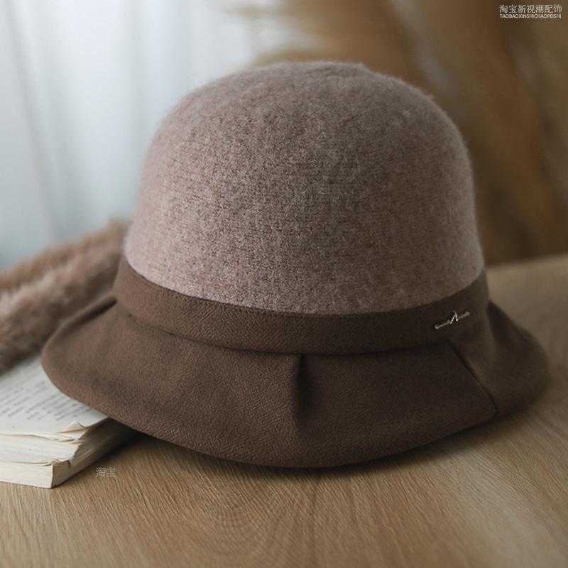Autumn and winter new bucket hat women's pleated brim versatile wool blend winter warm temperament elegant basin hat