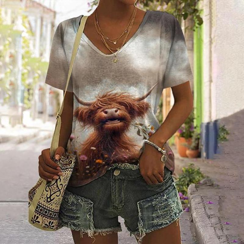 Animal Women's T Shirt Summer Casual Short Sleeve Top Cute Calf Pattern 3d Print Street Fashion V-Neck Female Harajuku Clothing