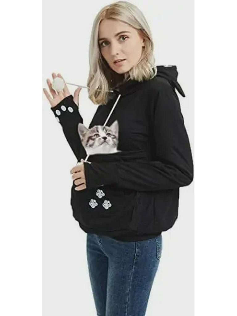 Embroidered Large Pocket Hooded Women's Sweatshirt - Autumn Thin Long-Sleeve