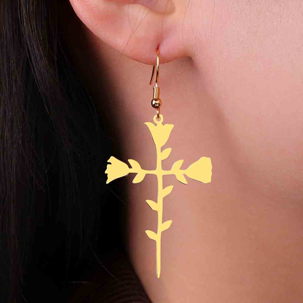 My Shape Rose Cross Drop Earrings for Women Stainless Steel Rose Flower Cross Dangle Earrings Christian Jewelry Wedding Party