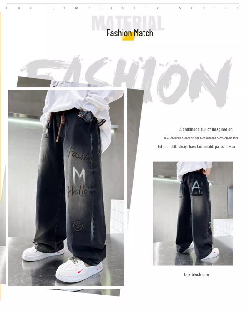 Boys' 2025 Autumn Jeans: Fashionable Wide-Leg Pants for Middle and Big Kids