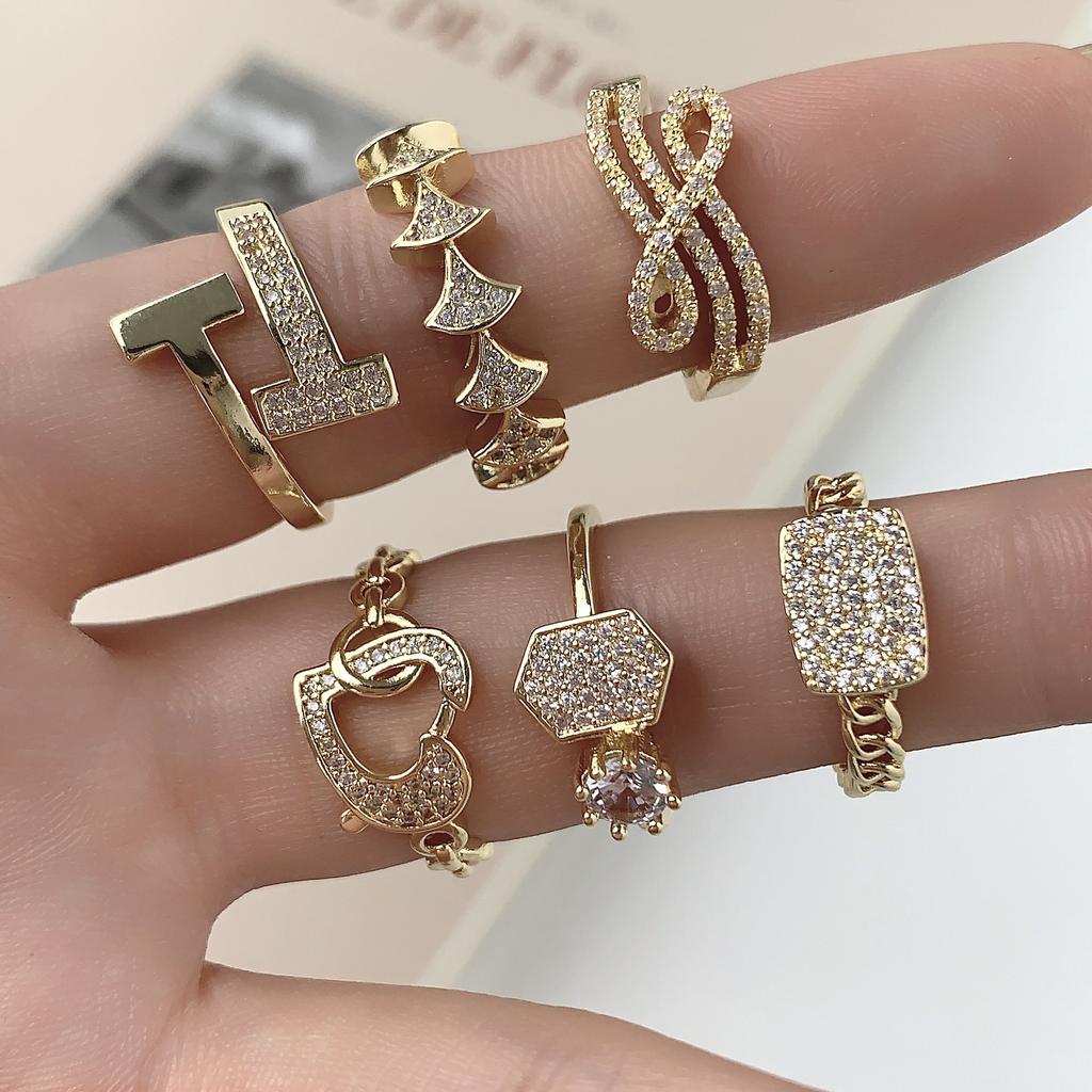 Light Luxury Diamond-Set Letter Love Fan-Shaped Geometric Ring Women'S Exquisite Versatile Temperament Girl Ring Ring