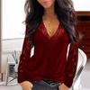 Fashion Women's Casual Tops Autumn Lace Lace Splicing V-neck See-through Long-sleeved T-shirt Comfortable and Versatile T-shirt for Ladies