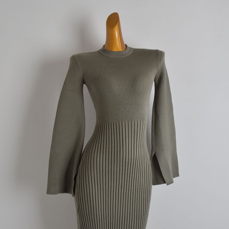 Export Single Sexy round-Neck Flared Sleeves Knitting Dress Women's Clothing Spring & Fall Winter Silm Thin Over the Knee Fishtail Dress