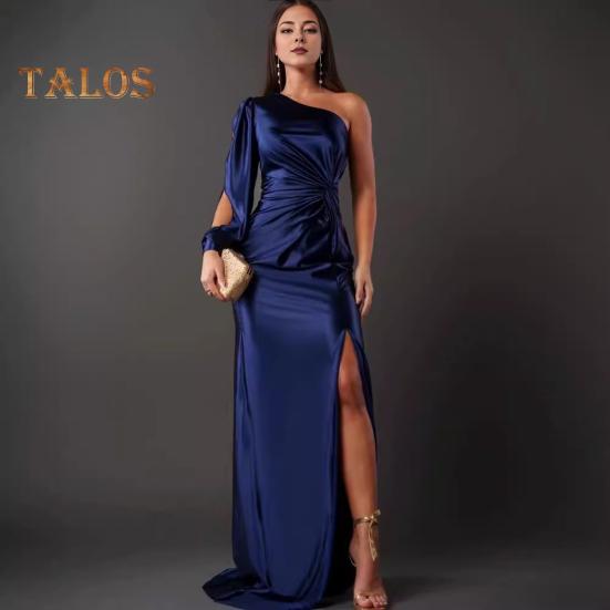 Lady Evening Dress One Shoulder Sleeveless Split Hem Solid Color Slim Waist Pleated Solid Color Off Shoulder Prom Cocktail Party Maxi Dress Ball Gown