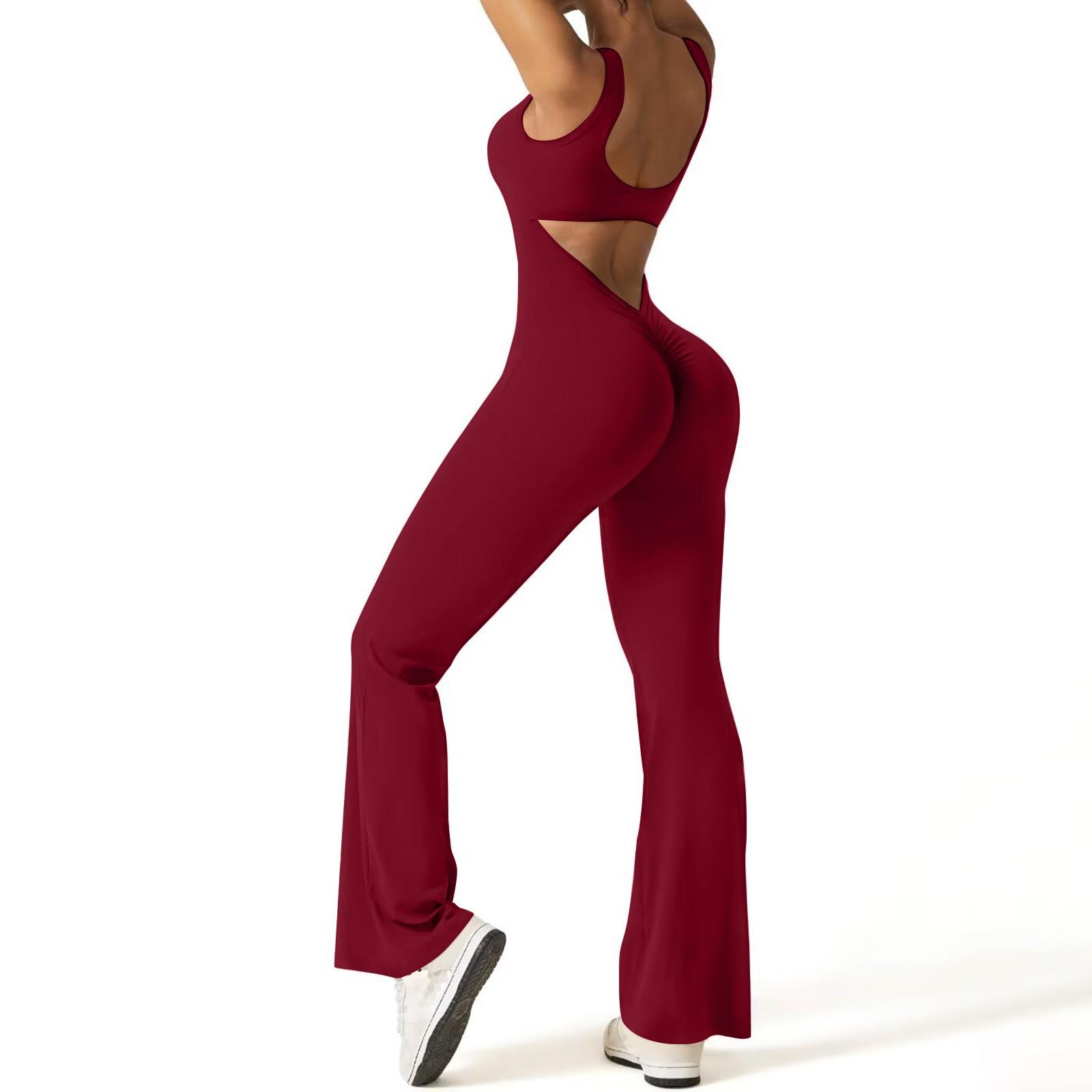 

Women s Jumpsuit Solid Color Sexy Backless Tight Fitting Elastic Sports Sleeveless Jumpsuit XS винный