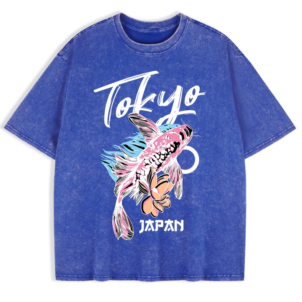 Japanese Koi Harajuku Printing Washed T-Shirts Mens Cotton Oversize T Shirt Summer O-Neck Short Sleeve Men'S Clothes