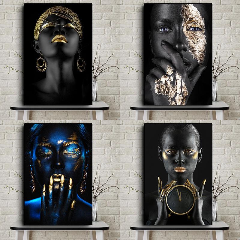 African Art Black and Gold Woman Oil Painting On Canvas Picture for Living Room Contemplator Posters and Prints Scandinavian