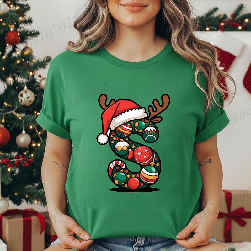 Fashion Printed T Shirt Festive Christmas Alphabet Letter with Santa Hat Women T Shirt Short Sleeves Crew Neck Female Clothes