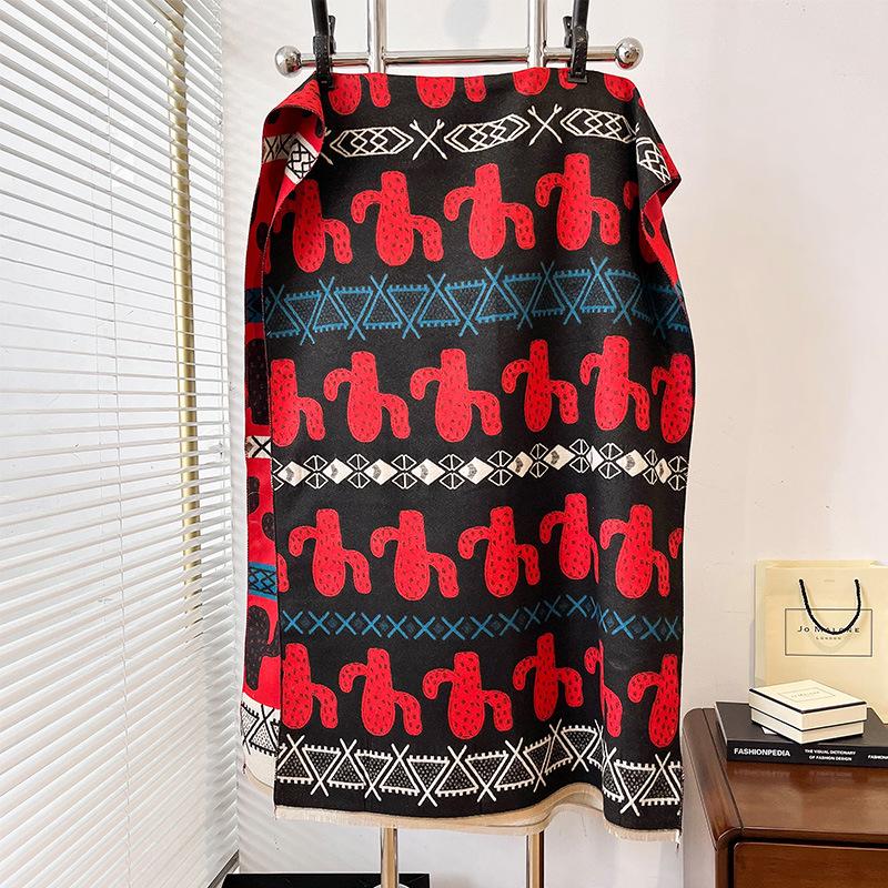 Imitation Cashmere Scarf Women'S Nordic Style Decoration Warm Dual-Purpose Double-Sided Shawl Creative Printing Fringed Scarf