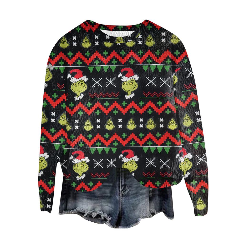 Women's Fashion Round Neck Pullover Top Long Sleeve Tee Christmas Printed Sweatshirt