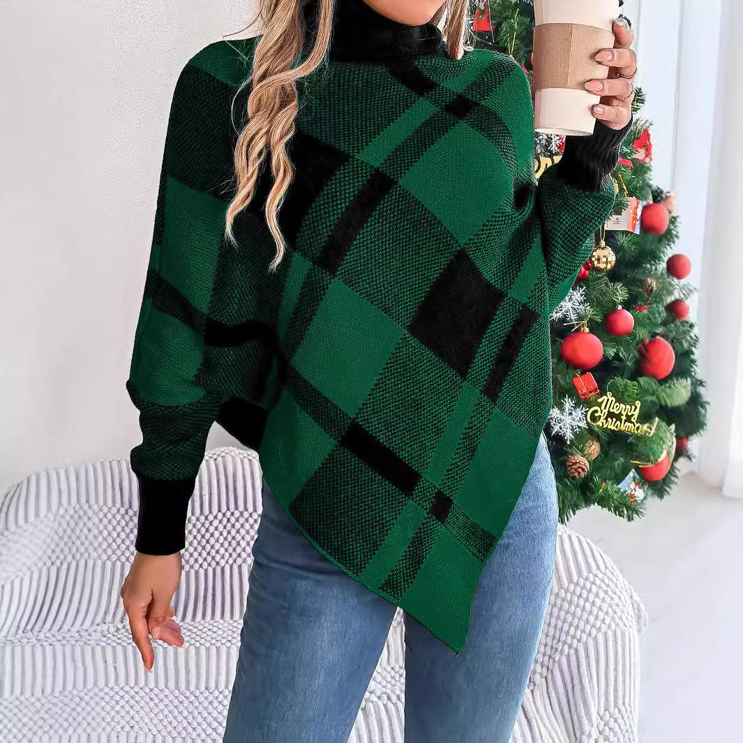 Jeseň Zima Vintage Voľný Dlhý Rukáv Top Checker Cardigan Pletený Stojan Golier Vianočný sveter L zelená