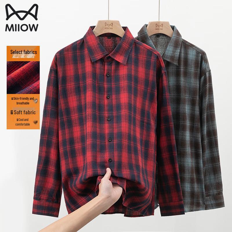 MiiOW Men s Plaid Long Sleeve Shirt L