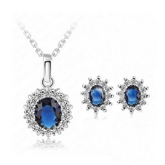 C029 Hot-Selling Jewelry Set: Bestselling 2-Piece Sapphire Earrings and Necklace Set with Gold Chain