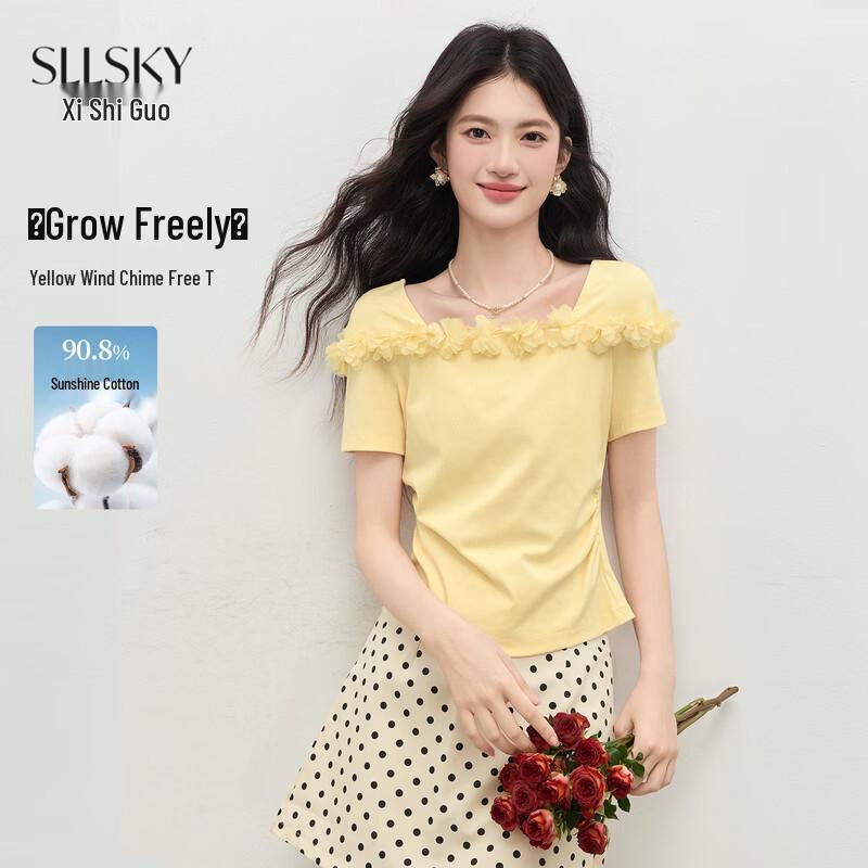 sllsky Women s French 3D Floral Square Neck T-Shirt S