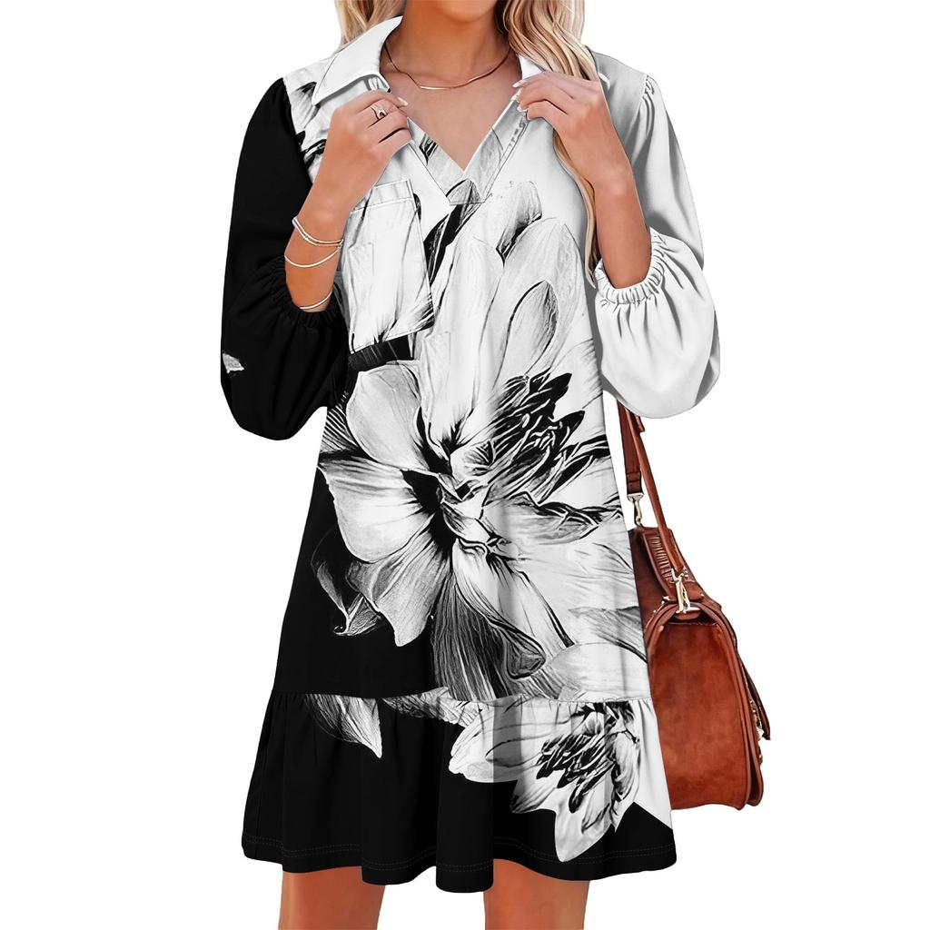 Damenmode Elegant Herbst Und Winter Langarm V-Ausschnitt Weihnachtsprint Kleid