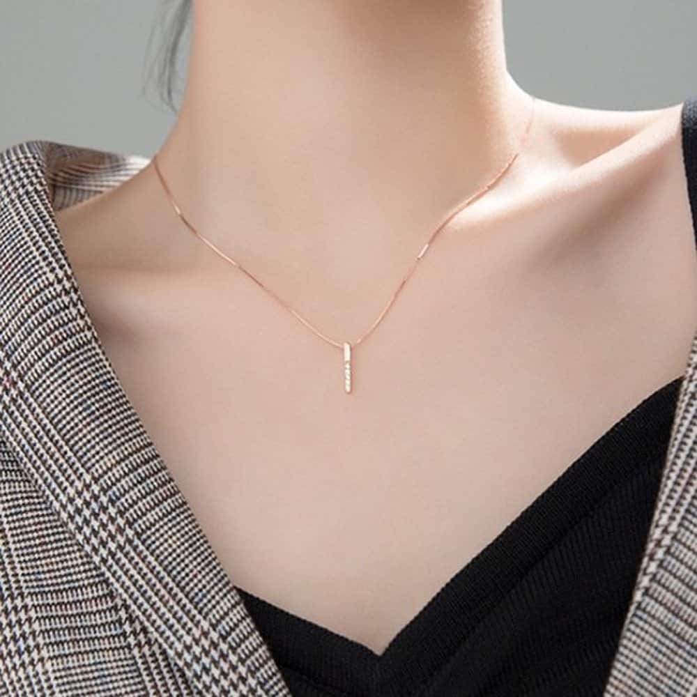 Hermosa:J N034 925 Silver Necklace, Silver Necklace, Rose Gold 14K Necklace, Stick Bar Layered Necklace
