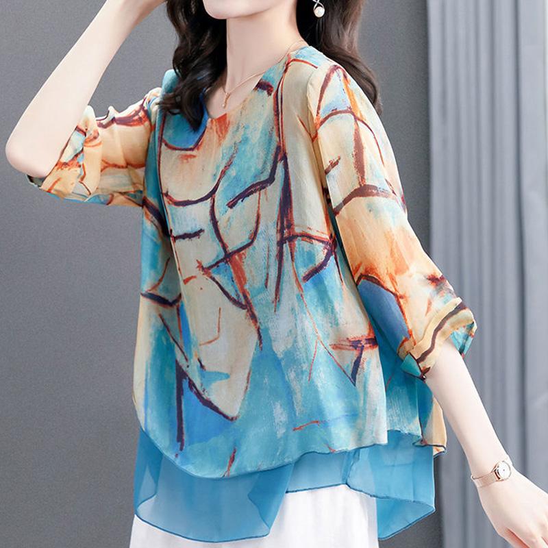 

Elegant Fashion Paisley Printed Gauze Chiffon Shirt Summer Autumn Half Sleeve O-Neck Loose Pullover Blouse Women s Clothing S синій